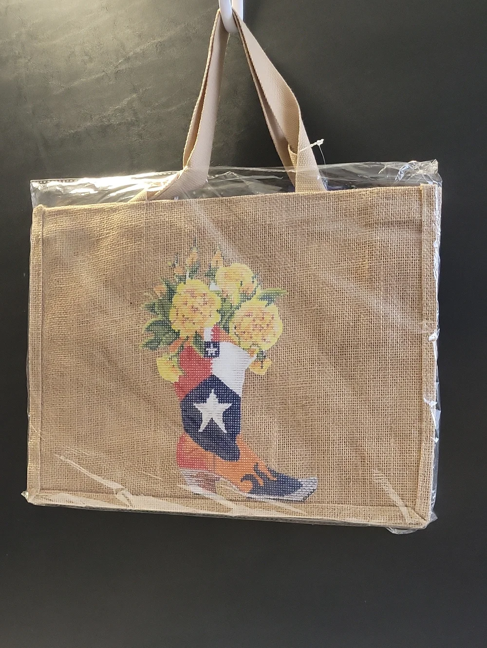 Natural Jute Tote Bag with Yellow Floral Boot Print T24